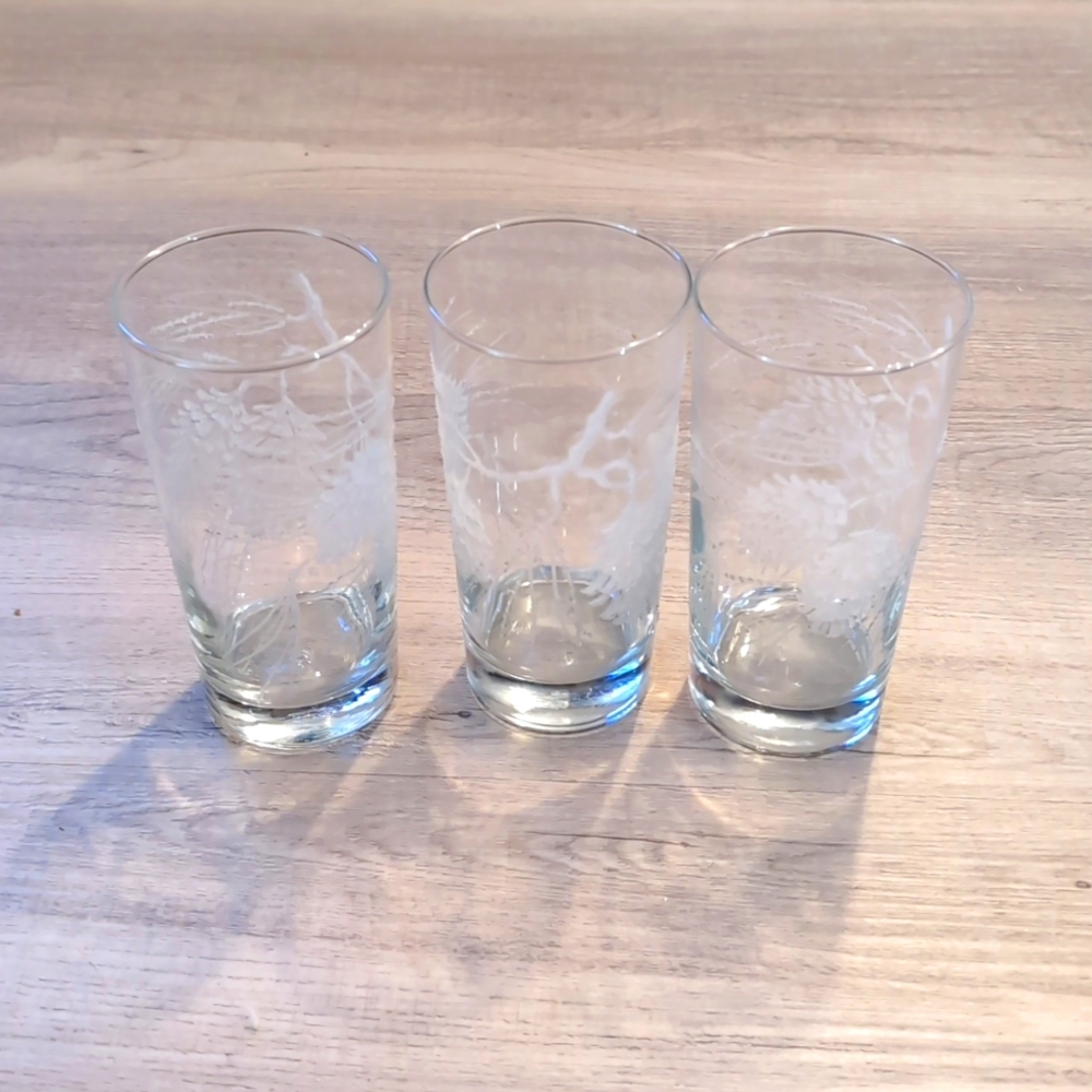 Set of 3 MCM etched highball glasses